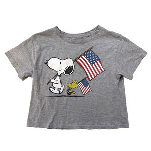 Peanuts Snoopy Woodstock Shirt Womens Medium Gray Cropped Patriotic Graphic
